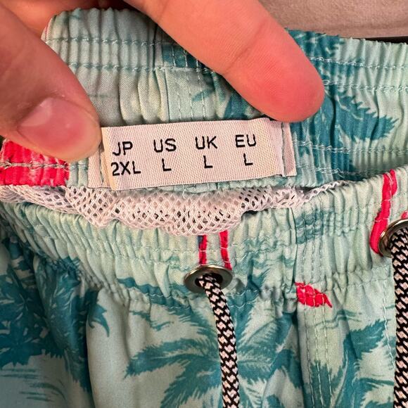 Blue Floral & Pink Flamingos Print Bathing Suit Trunks Size Large - Picture 4 of 4